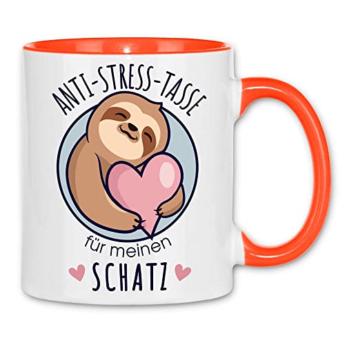 wowshirt Tasse Anti-Stress Tasse für Schatz Valentinstag-Geschenk Jahrestag Faultier Herz, Farbe:White - Orange von wowshirt