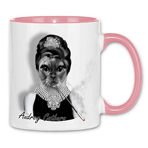 wowshirt Tasse Audrey Hepburn Hollywood Film Junkie Star Katze Parodie, Farbe:White - Pink von wowshirt