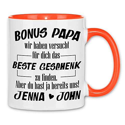wowshirt Tasse Bonus-Papa Spruch Personalisiertes Geschenk für Stiefvater Vatertag, Farbe:White - Orange von wowshirt