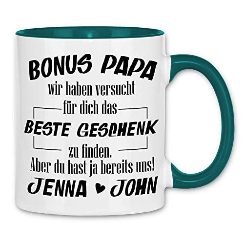 wowshirt Tasse Bonus-Papa Spruch Personalisiertes Geschenk für Stiefvater Vatertag, Farbe:White - Petrol von wowshirt