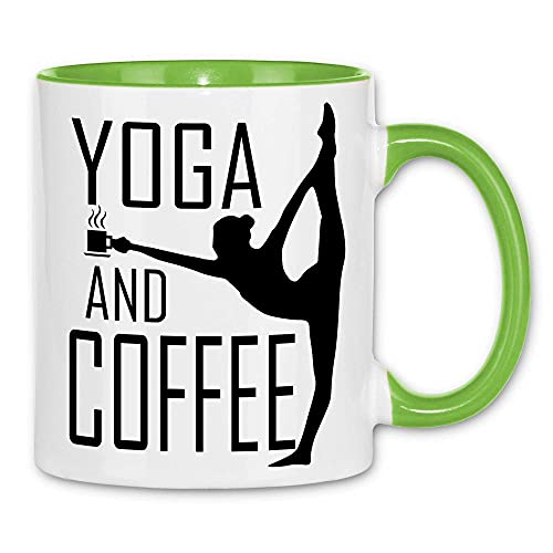 wowshirt Tasse Coffee and Yoga Kaffee Spruch Fitness Büro-Humor, Farbe:White - Light Green von wowshirt