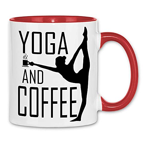 wowshirt Tasse Coffee and Yoga Kaffee Spruch Fitness Büro-Humor, Farbe:White - Red von wowshirt