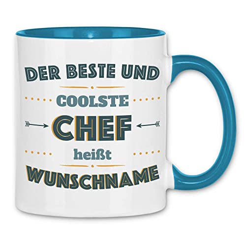 wowshirt Tasse Der beste und coolste Chef heißt Wunschname Personalisiert mit Namen, Farbe:White - Light Blue von wowshirt