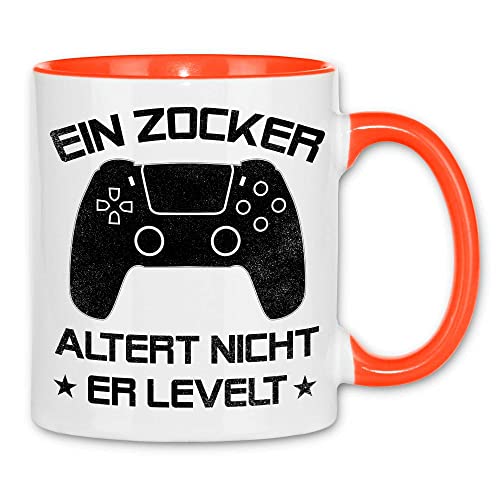 wowshirt Tasse Geschenk für Gamer Ein Zocker Altert Nicht Er Levelt Geburtstag Gaming Controller, Farbe:White - Orange von wowshirt