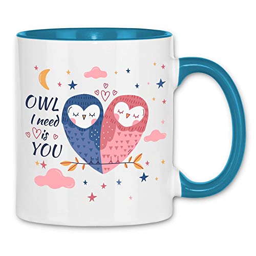 wowshirt Tasse Owl I Need is You Geschenk-Idee für Sie/Ihn Jahrestag Valentinstag Eule Herz, Farbe:White - Light Blue von wowshirt