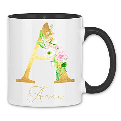 wowshirt Tasse Personalisiert mit Blumen Motiv Anfangs-Buchstaben mit Namen Geburtstag Wunschname Mit Eigenem Text Gold, Farbe:White - Black von wowshirt