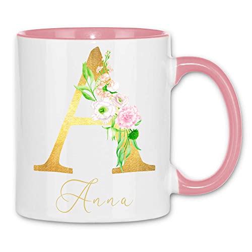 wowshirt Tasse Personalisiert mit Blumen Motiv Anfangs-Buchstaben mit Namen Geburtstag Wunschname Mit Eigenem Text Gold, Farbe:White - Pink von wowshirt