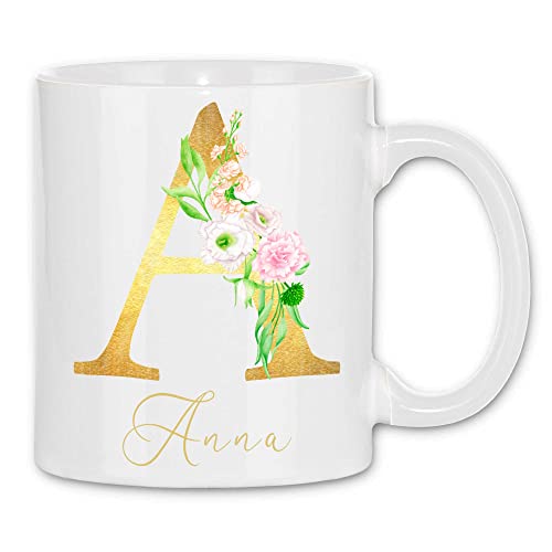 wowshirt Tasse Personalisiert mit Blumen Motiv Anfangs-Buchstaben mit Namen Geburtstag Wunschname Mit Eigenem Text Gold, Farbe:White - White von wowshirt