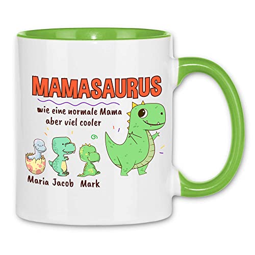 wowshirt Tasse Personalisiertes Geschenk für Mama Mamasarus Kinder Namen, Farbe:White - Light Green von wowshirt