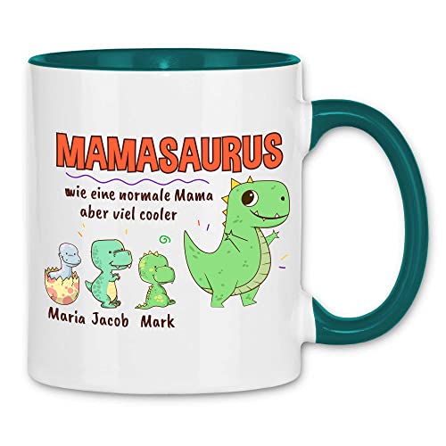 wowshirt Tasse Personalisiertes Geschenk für Mama Mamasarus Kinder Namen, Farbe:White - Petrol von wowshirt