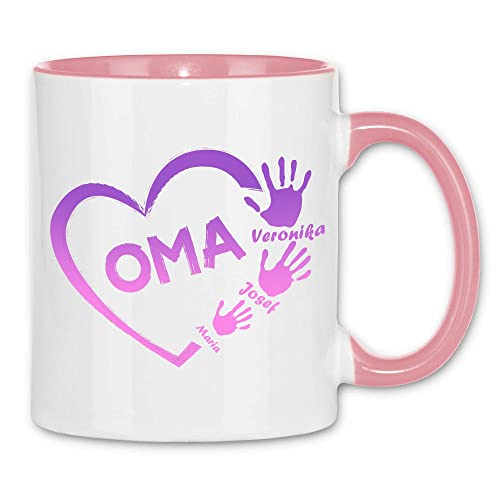 wowshirt Tasse Personalisiertes Geschenk für Oma Kinder Namen Herz Aus Handabdrücken, Farbe:White - Pink von wowshirt
