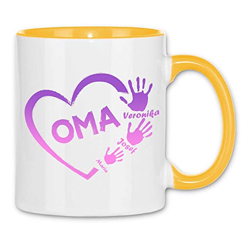 wowshirt Tasse Personalisiertes Geschenk für Oma Kinder Namen Herz Aus Handabdrücken, Farbe:White - Yellow von wowshirt