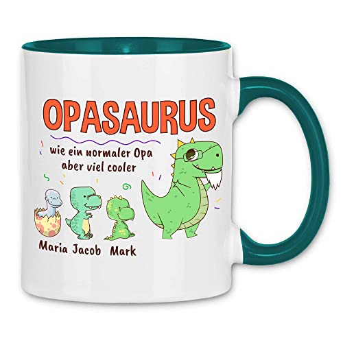 wowshirt Tasse Personalisiertes Geschenk für Opa Opasarus Kinder Namen, Farbe:White - Petrol von wowshirt
