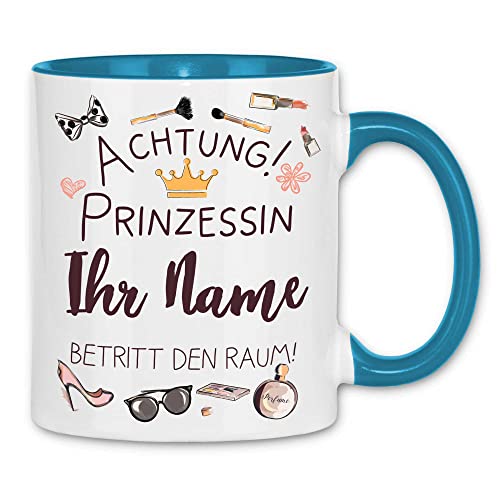 wowshirt Tasse Prinzessin Betritt den Raum mit Namen Selbst Gestalten Individuell Personalisiert Kollege, Farbe:White - Light Blue von wowshirt