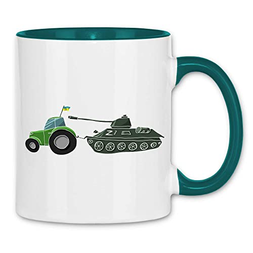 wowshirt Tasse Selenskyj Ukrainische Flagge Ukraine Traktor Schleppt T-72 Panzer, Farbe:White - Petrol von wowshirt