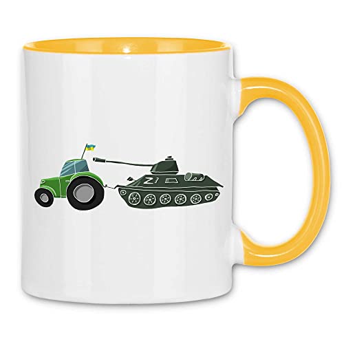 wowshirt Tasse Selenskyj Ukrainische Flagge Ukraine Traktor Schleppt T-72 Panzer, Farbe:White - Yellow von wowshirt