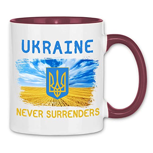 wowshirt Tasse Ukraine Never Surrenders Selenskyj Ukrainische Flagge Demo, Farbe:White - Bordeaux von wowshirt