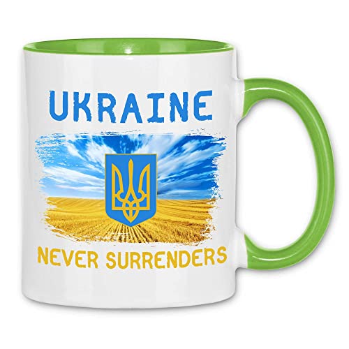 wowshirt Tasse Ukraine Never Surrenders Selenskyj Ukrainische Flagge Demo, Farbe:White - Light Green von wowshirt