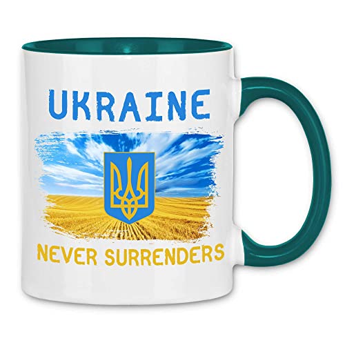 wowshirt Tasse Ukraine Never Surrenders Selenskyj Ukrainische Flagge Demo, Farbe:White - Petrol von wowshirt