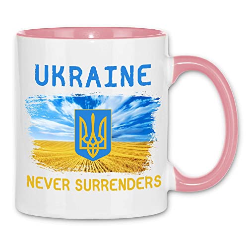 wowshirt Tasse Ukraine Never Surrenders Selenskyj Ukrainische Flagge Demo, Farbe:White - Pink von wowshirt