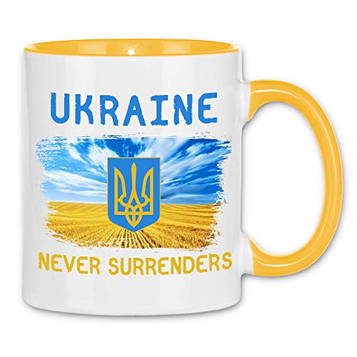 wowshirt Tasse Ukraine Never Surrenders Selenskyj Ukrainische Flagge Demo, Farbe:White - Yellow von wowshirt