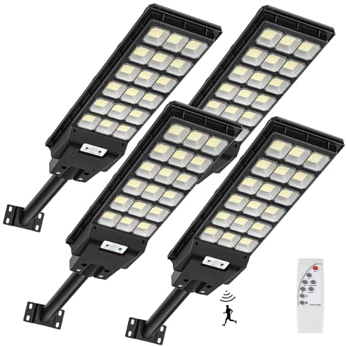 LED Solar Straßenlaterne mit Fernbedienung - 600W 6500K Straßenlaterne mit Bewegungsmelder Dämmerung bis zum Morgengrauen Straßenleuchte IP65 Wasserdichte Solar Straßenlampe für Straßen Garage 4 PACK von wowspeed