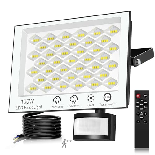LED Strahler mit Bewegungsmelder Außen - 100W 10000LM 6500K LED Strahler Außen mit Fernbedienung, Timing-Funktion, Einstellbare Helligkeit LED Fluter, IP66 Wasserdicht Scheinwerfer für Garage Hof von wowspeed