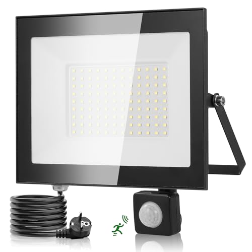wowspeed 100watt Led Strahler Außen Mit Bewegungsmelder 10000lm Aussenleuchte Kaltweiss Scheinwerfer Mit Stecker Fluter Aussenstrahler IP67 Wasserdicht Flutlicht 1.2M Cable Fur Garten von wowspeed