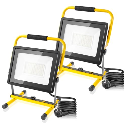 wowspeed 2 Pack LED Baustrahler,100W 10000LM Arbeitsleuchte,6500K kaltweiß Baustellenlampe mit Stecker,IP66 Wasserdicht LED Strahler,3M Kabel Baulampe Arbeitsscheinwerfer für Werkstatt Baustelle von wowspeed