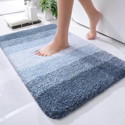 Saugfähige Rutschfester Badvorleger , rutschfest Waschbar Badematte ，Flauschige Hochflor Badteppich，Chenille Material，Schnelltrocknend, weich und bequem，für Dusche,Badewanne und Toilette。(Dunkelblau,5 von woxefo