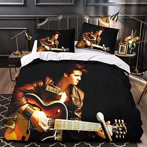 Elvis Presley Bettbezug Set 3D Sänger Bedruckte Steppdecke Bettbezug Mit Reißverschluss,Rock 'n' Roll Bettwäscheset Mit Kissenbezügen,Weiche Mikrofaser einfach（135x200cm） von wrtgerht