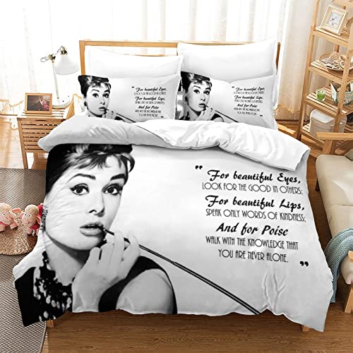 wrtgerht Audrey Hepburn Bettbezug Set 3D Gedruckt Römische Ferien Set Mit Kopfkissenbezug Für Teenager Weich Schauspielerin Steppdeckenbezug Bettwäsche einzeln（135x200cm） von wrtgerht