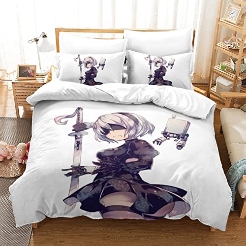 wrtgerht Nier Automata Bettwäsche Yorha No2 Type B Bettbezug Set,3 Teilig Bettgarnitur Bettwäsche-Set Gemütlich 3D Mikrofaser Mit Reißverschluss 1 Bettbezug+Kissenbezug einfach（135x200cm） von wrtgerht