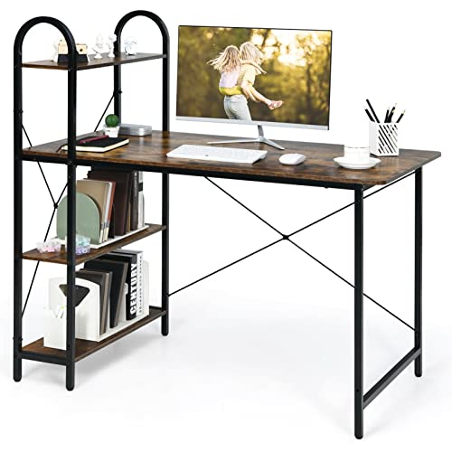 Computertische, 121,9 cm, wendbarer PC-Laptop-Schreibtisch, Schreibtisch mit 4 Ebenen, offenem Aufbewahrungsregal, Heimbüro, Arbeitszimmer, Arbeitsplatz mit Bücherregal, rustikales Braun/Weiß von wsdhswhdhsdsds