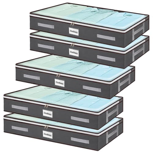 wsryx 5 Pack Unterbett Aufbewahrungsboxen mit Deckel, Faltbare Unterbettaufbewahrung mit Reißverschlüssen, Große Kunststoff Aufbewahrung Organizer Kleidertaschen mit Klarem Fenster für Schlafzimmer von wsryx