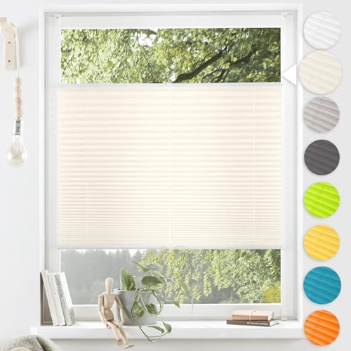 Plissee ohne Bohren Plissee Klemmfix Aluminium-Schienen, Beige 65x100cm (BXH), Jalousien Fenster ohne Bohren Sonnenschutz und Sichtschutz lichtdurchlässig Rollo für Fenster & Tür von wudomi