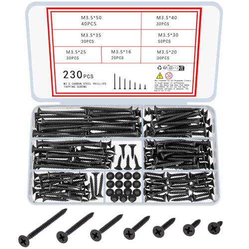wugongshan 230 Stk M3,5 selbstschneidenden Holzschrauben, schwarze selbstbohrende Blechschrauben, Kohlenstoffstahl Senkkopf Flachrundkopf Kreuzschlitzschrauben für DIY Holzbearbeitung Metallschrauben wugongshan 230 Stk M3,5 selbstschneidenden Holzschrauben, schwarze selbstbohrende Blechschrauben, Kohlenstoffstahl Senkkopf Flachrundkopf Kreuzschlitzschrauben für DIY Holzbearbeitung Metallschrauben von wugongshan
