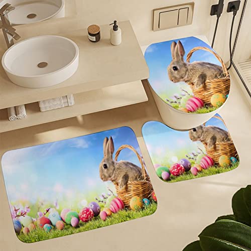 3 TLG Badteppich Set Frühling Sunny Bunny Eggs Ostern Gras Wasserabsorbierend Konturmatte Langlebige Wc-Deckelbezug Für Badezimmer Badewanne Dusche von wuhanshiruikewanshangmaoyouxiangongsi