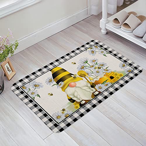 Fußmatte Honig Gänseblümchen Blume Honig Blumen Kamm Frühling Sommer Sonnenblume GNOME Schwarz Kariert Fußabtreter Waschbar Badematten Personalisiert Eingangsmatte Für Flur Außen 40X60cm von wuhanshiruikewanshangmaoyouxiangongsi