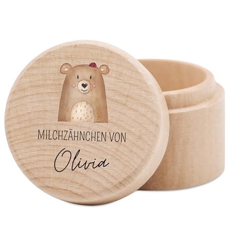 wunderwunsch® - Milchzahndose personalisiert aus Holz mit kinderfreundlichem UV-Druck - Zahndose Milchzähne als Erinnerung an die ersten Zähnchen (Bär mit Marienkäfer) von wunderwunsch