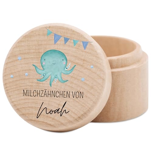 wunderwunsch® - Milchzahndose personalisiert aus Holz mit kinderfreundlichem UV-Druck - Zahndose Milchzähne als Erinnerung an die ersten Zähnchen (Oktopus Girlande) von wunderwunsch