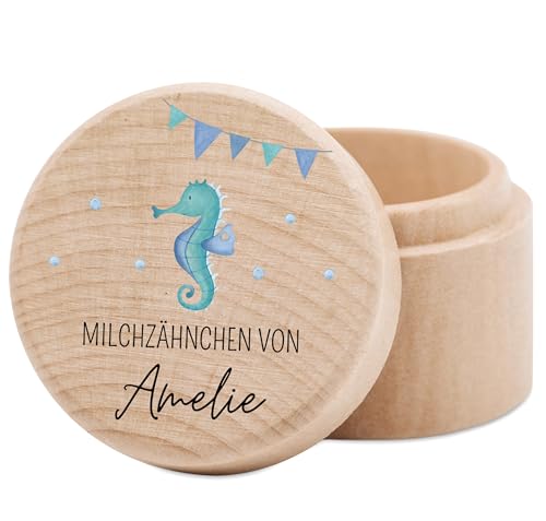 wunderwunsch® - Milchzahndose personalisiert aus Holz mit kinderfreundlichem UV-Druck - Zahndose Milchzähne als Erinnerung an die ersten Zähnchen (Seepferd Girlande) von wunderwunsch