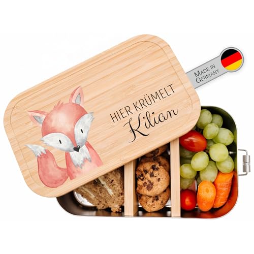 wunderwunsch® - Personalisierte Brotdose für Kinder - Robuste und Individuelle Edelstahl Brotdose mit Namen - Personalisierte Geschenke für Kinder (GROSS Edelstahl,Fuchs) von wunderwunsch