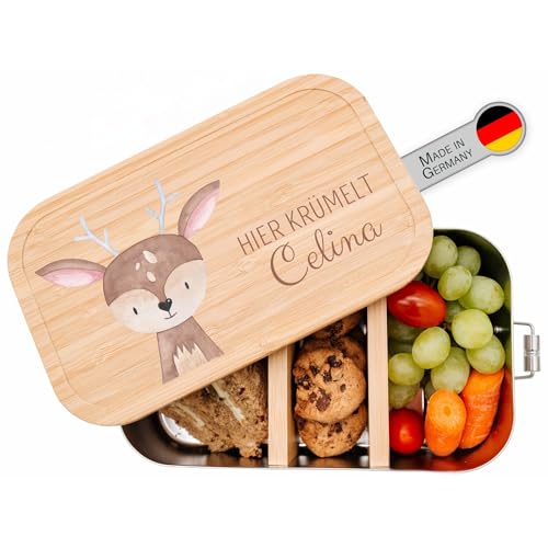 wunderwunsch® - Personalisierte Brotdose für Kinder - Robuste und Individuelle Edelstahl Brotdose mit Namen - Personalisierte Geschenke für Kinder (GROSS Edelstahl,Reh) von wunderwunsch