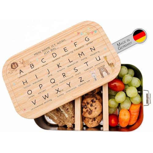 wunderwunsch® - Personalisierte Brotdose für Kinder - Robuste und Individuelle Edelstahl Brotdose mit Namen - Personalisierte Geschenke für Kinder (GROSS Edelstahl,Tiere Girlande ABC) von wunderwunsch
