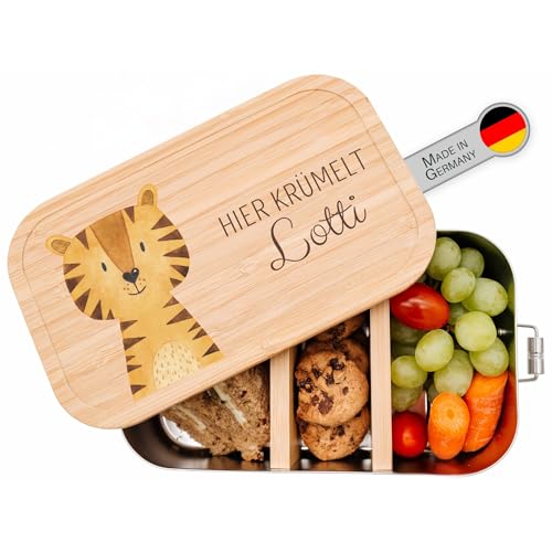 wunderwunsch® - Personalisierte Brotdose für Kinder - Robuste und Individuelle Edelstahl Brotdose mit Namen - Personalisierte Geschenke für Kinder (GROSS Edelstahl,Tiger) von wunderwunsch