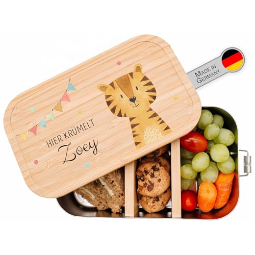 wunderwunsch® - Personalisierte Brotdose für Kinder - Robuste und Individuelle Edelstahl Brotdose mit Namen - Personalisierte Geschenke für Kinder (GROSS Edelstahl,Tiger Girlande) von wunderwunsch