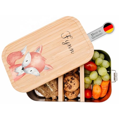 wunderwunsch® - Personalisierte Brotdose für Kinder - Robuste und Individuelle Edelstahl Brotdose mit Namen - Personalisierte Geschenke für Kinder (klein Weißblech,Fuchs) von wunderwunsch