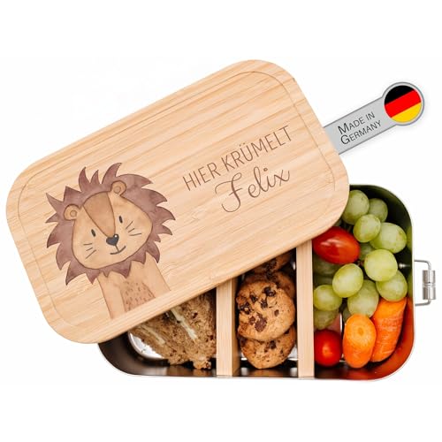 wunderwunsch® - Personalisierte Brotdose für Kinder - Robuste und Individuelle Edelstahl Brotdose mit Namen - Personalisierte Geschenke für Kinder (klein Weißblech,Löwe) von wunderwunsch