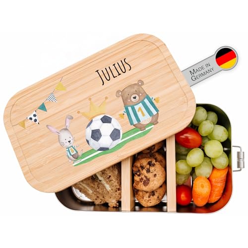 wunderwunsch® - Personalisierte Brotdose zur EM- Robuste und Individuelle Edelstahl Brotdose mit Namen - Fußball Geschenke, Geschenk Fussball (Fußball Tiere, GROSS Edelstahl) von wunderwunsch